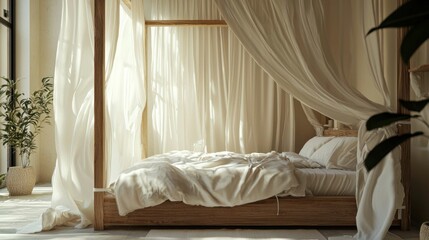 Cozy Bedroom with Canopy Bed and Soft Drapes in Warm Light