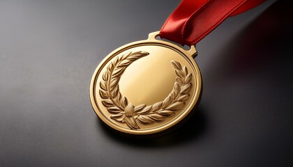 blank gold medal with red ribbon mockup lying side view
