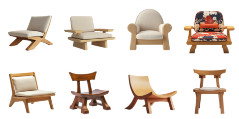Japanese style chair png collection in 3d transparent for furniture presentation.