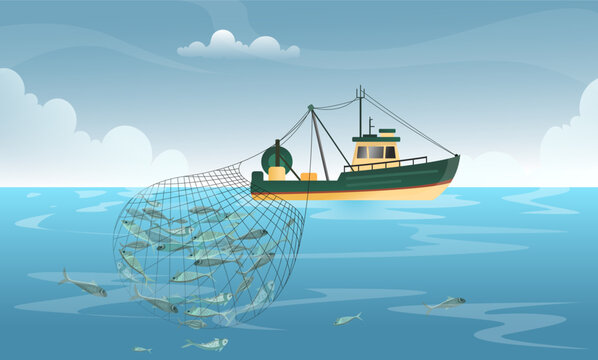 fishing boats catching fish with trawl nets, fishing net vector illustration, fishery and marine industry