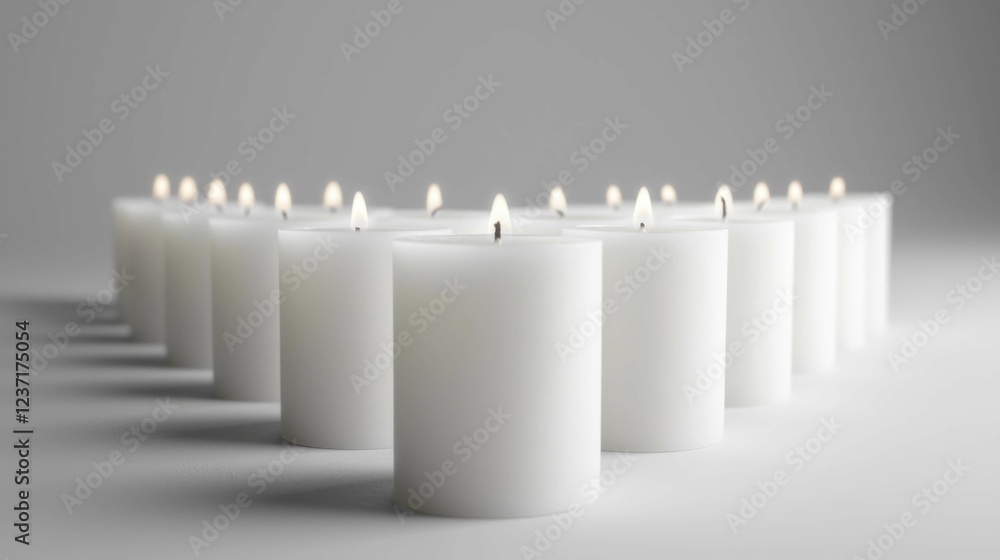 Poster white candles arranged in circular pattern on soft gray background