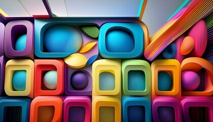 bold interplay of shapes and colors creates striking visual tens