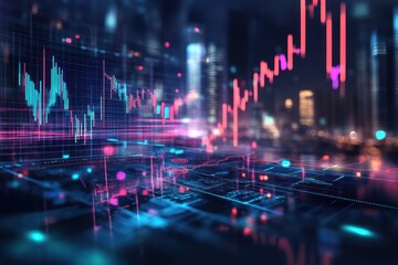 glowing stock market graph overlaying futuristic cityscape with neon lights and digital data elements. financial analysis and technology theme. great for business presentations and fintech designs.