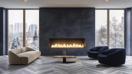 A minimalist apartment with ash grey chevron parquet flooring