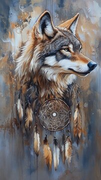 Wolf head with dreamcatcher and feathers in a mystical art style on a textured background