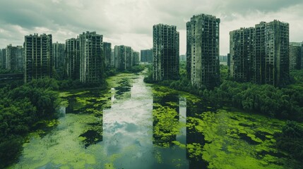 Naklejka premium Abandoned Urban Landscape with Overgrown Water and Deteriorating Buildings