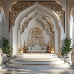 A simple Ramadan podium in Eastern style, adorned with gold and soft, intricate patterns