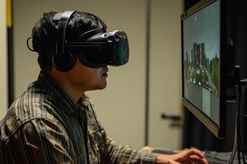 Elderly man experiencing virtual reality in a modern classroom setting