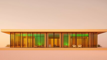 A minimalist house with full-height amber glass windows and a distinct flat roof