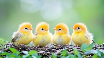 Obraz premium Four baby birds in nest, spring nature background, wildlife