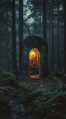 Obraz premium Mysterious stone archway illuminated by soft light in a dense forest setting