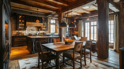 Fototapeta premium Rustic Wooden Kitchen and Dining Room with Natural Light