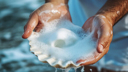 Fototapeta premium Close-up of Hands Pouring Liquid Soap or Foam on a White Shell Background