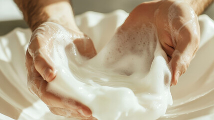 Fototapeta premium Close-up of Hands Pouring Liquid Soap or Foam on a White Shell Background