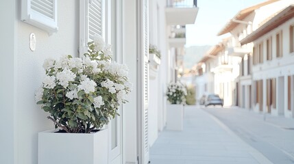 Whitewashed street, flowers, sunny day, Greek village, travel brochure