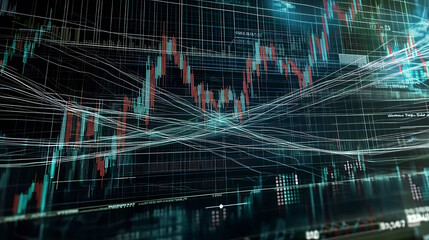 Abstract digital stock market data visualization.  Intricate network of glowing lines overlays candlestick charts, creating a dynamic and futuristic feel.