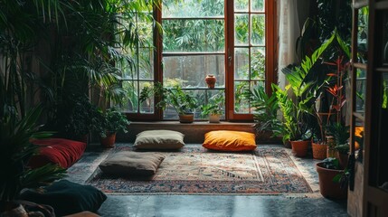 Naklejka premium Cozy Indoor Space with Plants and Cushions for Relaxation and Serenity