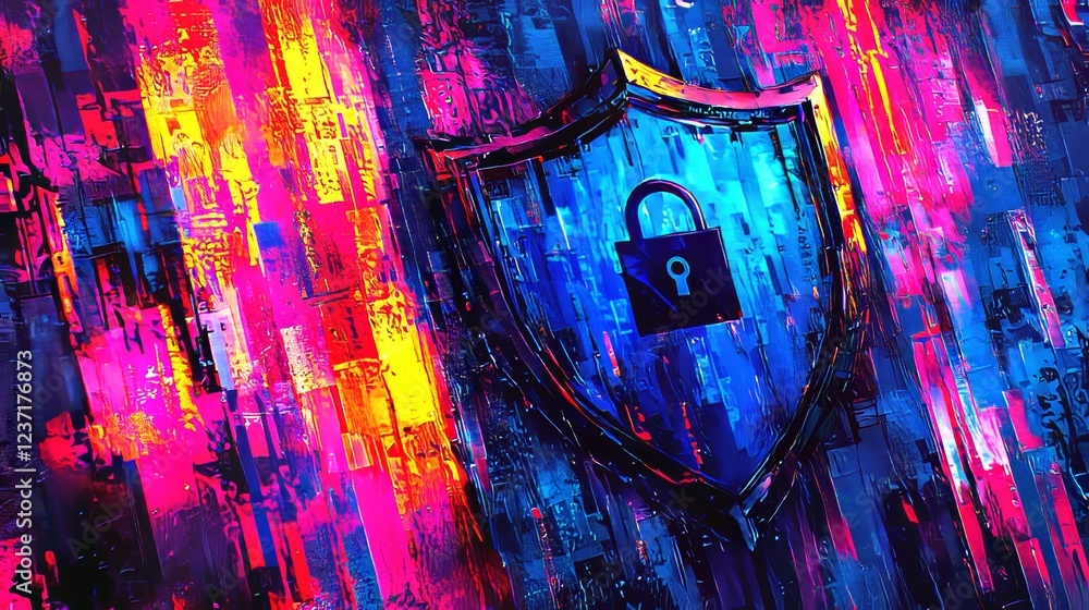 Poster on the right side of the hud, a significant shield represents digital technology, cyber security, da