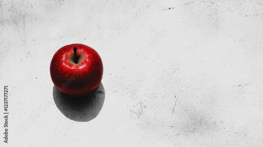 Poster fresh red apple on white surface with shadow and textured background