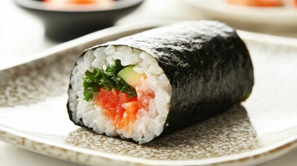 Fresh Sushi Roll with Salmon, Cucumber, and Seaweed on Plate