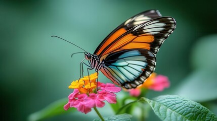 Butterfly on flower, close-up of delicate wings and vibrant flower petals
