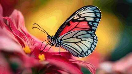 Fototapeta premium Butterfly on flower, close-up of delicate wings and vibrant flower petals