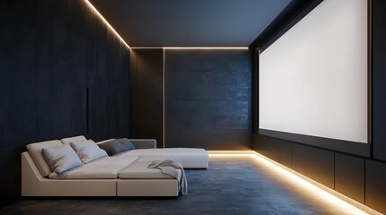 A modernist cinema room with walls in a dark slate shade