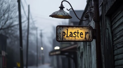 Rustic vintage-style illuminated sign with the word 'plaster' in an atmospheric, foggy street setting with historical architectural features.