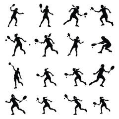 A set of Female tennis players vector silhouette,Female tennis players,Female player vector silhouette
