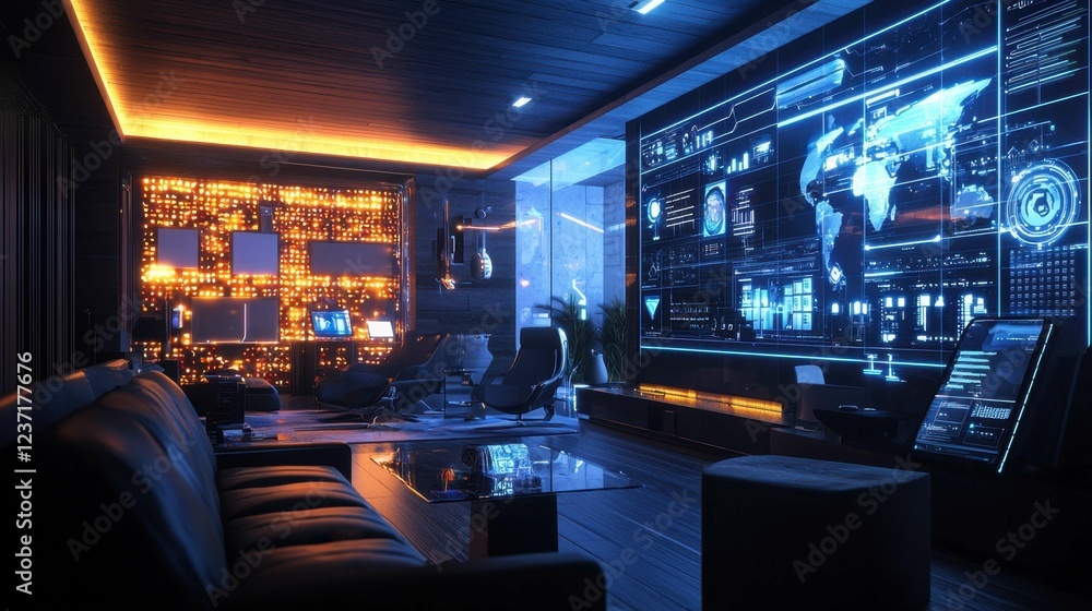Poster modern futuristic office space with interactive technology display