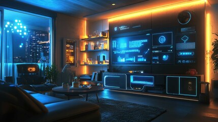 Fototapeta premium Modern futuristic living room with ambient lighting and technology