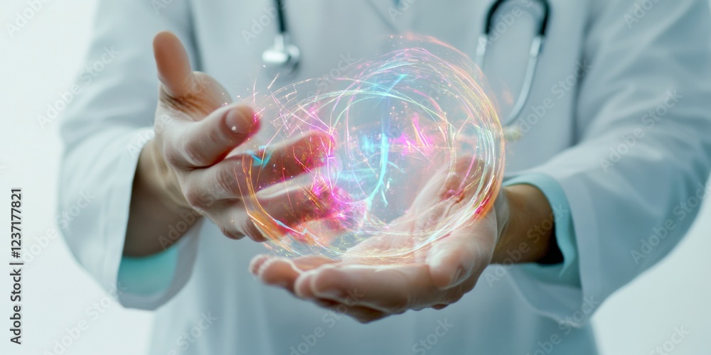 Poster a doctor uses advanced technology to create energy in his hands. this image showcases a blend of hea