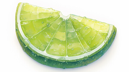Freshly sliced lime wedge glistening with water droplets on a bright background