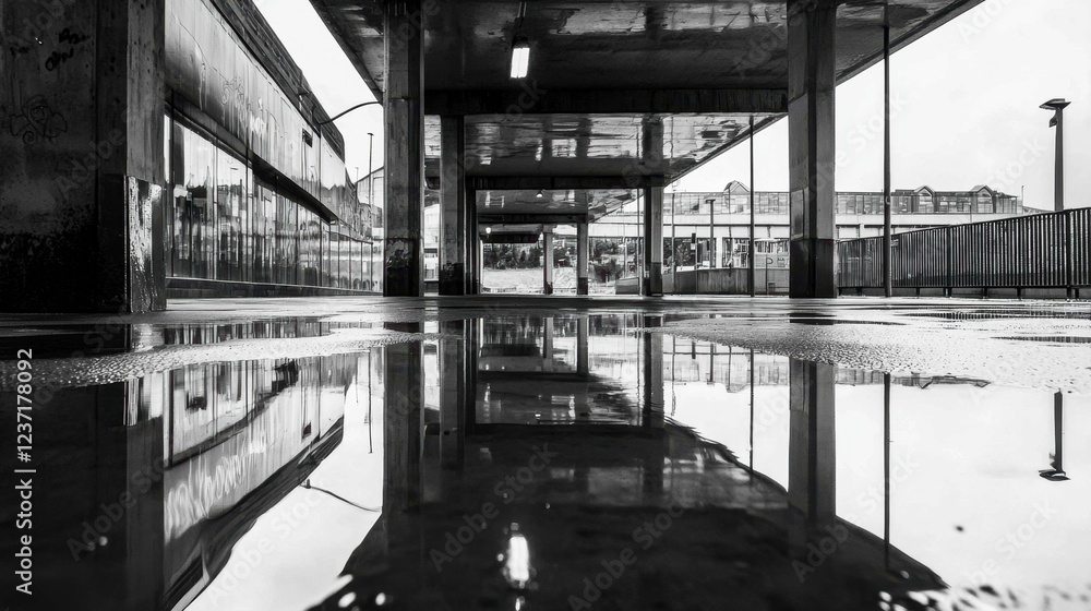 Poster urban reflection in puddles under overpass in monochrome setting
