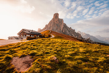 Ra Gusela Peak of Nuvolau group in the Italian Dolomites mountain at Giau Pass in South Tyrol Italy.