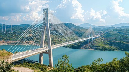 Obraz premium Scenic suspension bridge over a tranquil river surrounded by hills