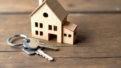 Wooden house model with keychain and two keys, homeownership concept