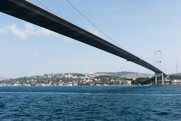 View of Istanbul coastline from a ship under Bosphorus Bridge. Sunny day