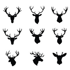A set of mule deer head vector silhouette isolated,Deer head silhouette, Horned elk, stag, reindeer character mascot,deer icon, logo, badge, sticker, stencil