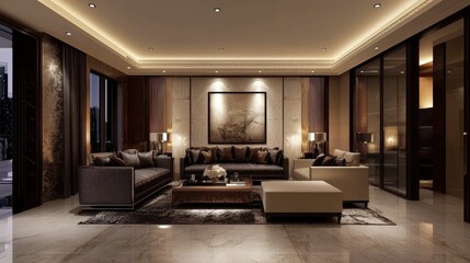 Fototapeta premium Elegant Modern Living Room with Soft Lighting and Chic Decor