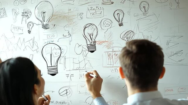 Team Brainstorming Ideas for Product Launch on Whiteboard