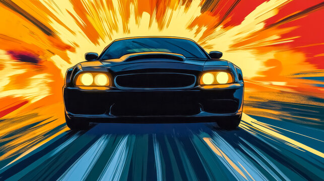 Black sports car speeding on highway at sunset in comic style