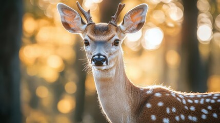 Fototapeta premium Deer in the woods, close-up of deer antlers, sunlight filtering through trees
