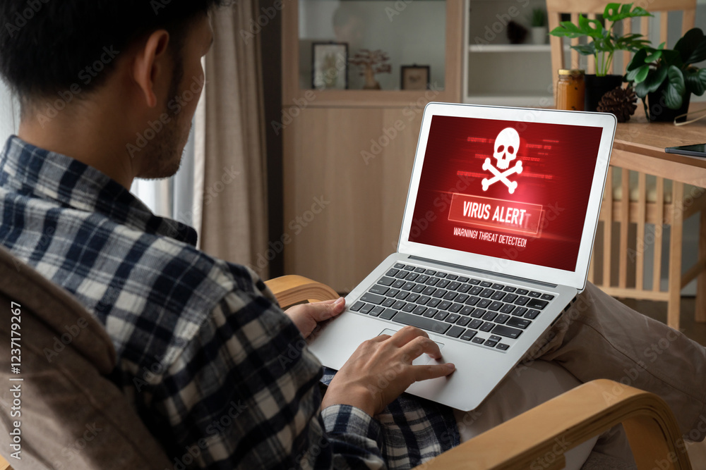 Poster virus warning alert on computer screen detected modish cyber threat , hacker, computer virus and mal
