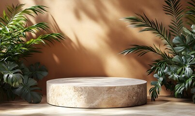 A serene scene with a round stone pedestal and tropical plants against a wall
