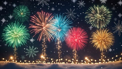 Naklejka premium Christmas background filled with twinkling holiday lights and decorated trees.