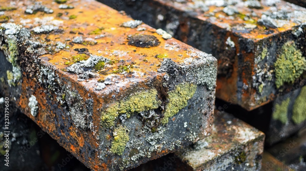 Poster rusty metal blocks covered in colorful lichen and moss patterns