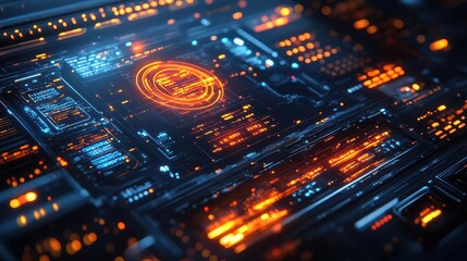 Obraz premium Futuristic technology, close-up of holographic display with glowing data