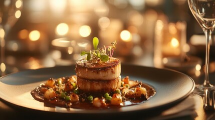 Gourmet dining, close-up of elegant plate with gourmet dish, soft restaurant lighting