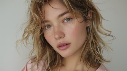 Naklejka premium Portrait of a young woman with wavy blonde hair gazing thoughtfully at the camera against a neutral background, showcasing natural beauty and serene expression